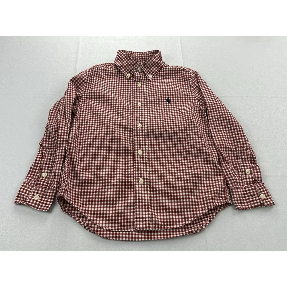 Ralph Lauren Boys Size 5 Red White Gingham Button Down Long Sleeve Cotton Shirt